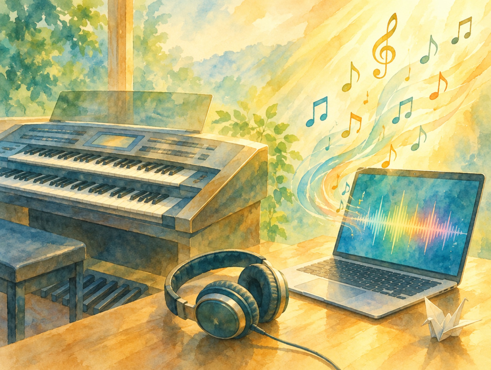 エレクトーンとヘッドホンの横で、ノートパソコンから音符と音の波が金色の光へ立ちのぼる水彩画