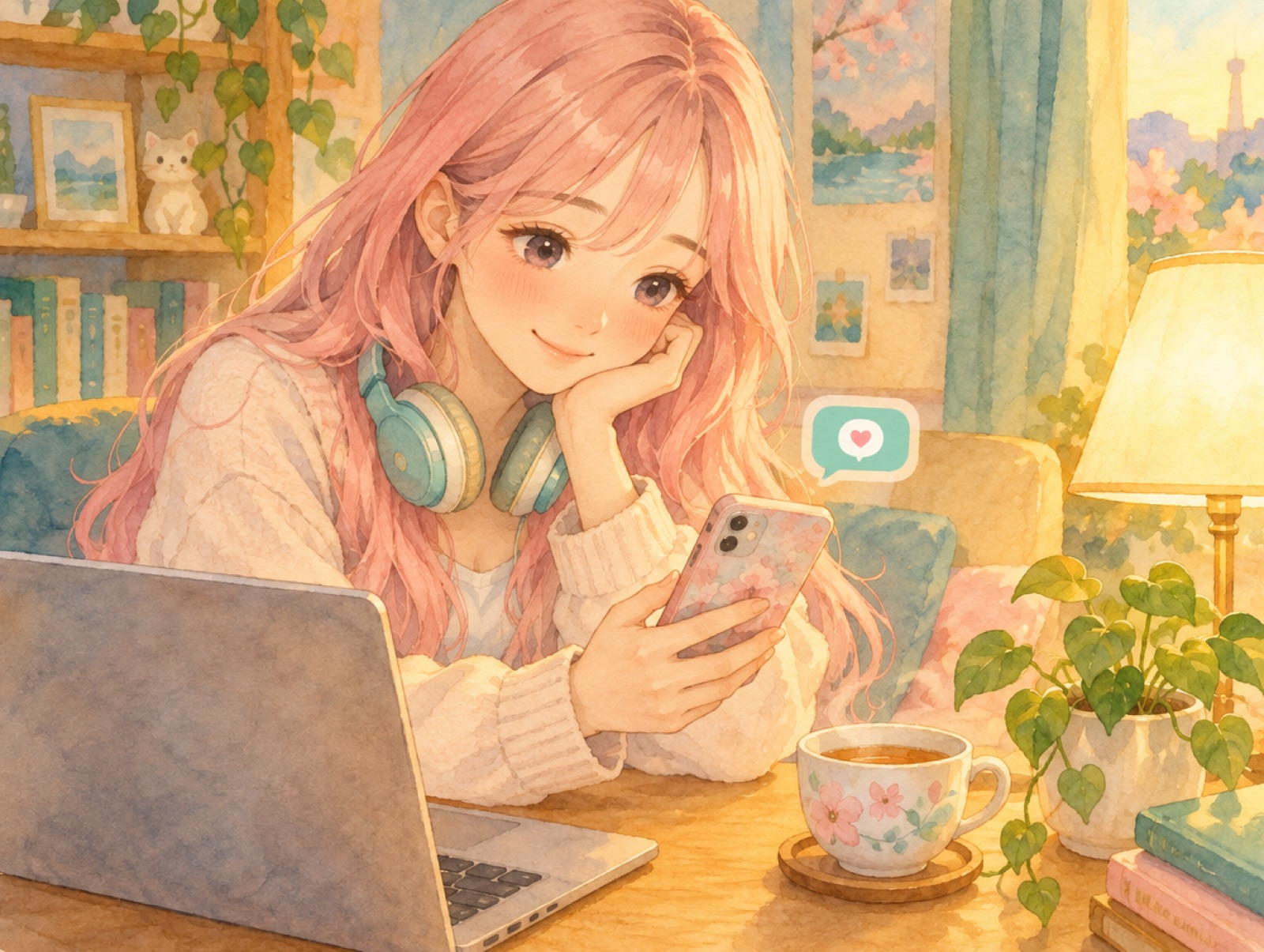 ピンクの長い髪のゆかべえが机でスマホのメッセージを見てほほえんでいる水彩画