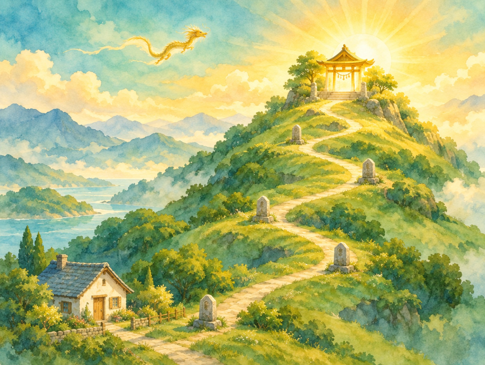 小さな家から丘の上の神社へ続く道を描いた水彩画。道に4つの道しるべがある
